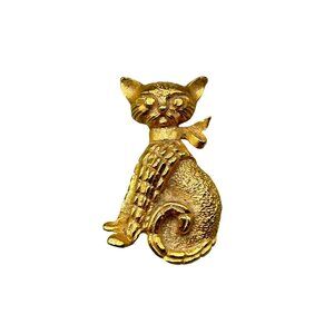 Egyptian Inspired Cat Kitty Pin Brooch Gold Tone Textured Metal Animal Figural
